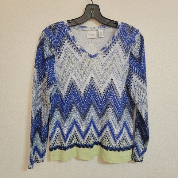 Chico's Blue and White V-Neck Embellished Chevron Sweater - Picture 1 of 5